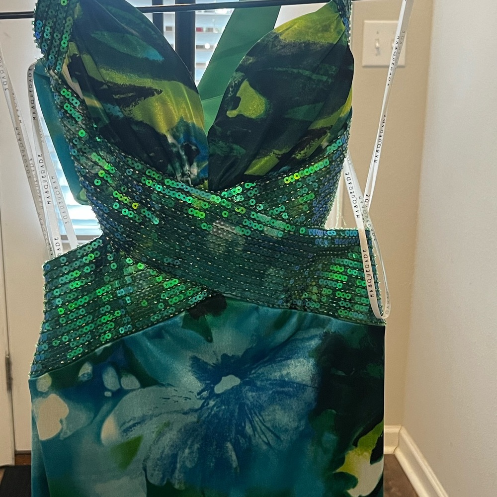 Masquerade Dress Womens 1/2 Green Blue Maxi Floral Gown Whimsy Fairy Prom Y2K - Picture 3 of 15